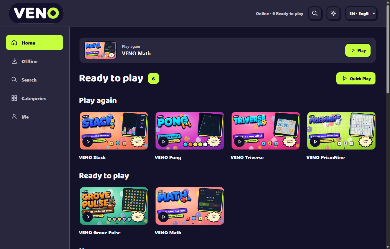 VENOGAME Windows launcher with its offline game library in dark mode