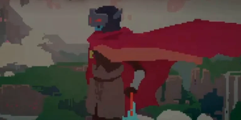 Nhân vật Drifter khoác áo choàng đỏ đứng ngắm vùng đất cổ trong Hyper Light Drifter
