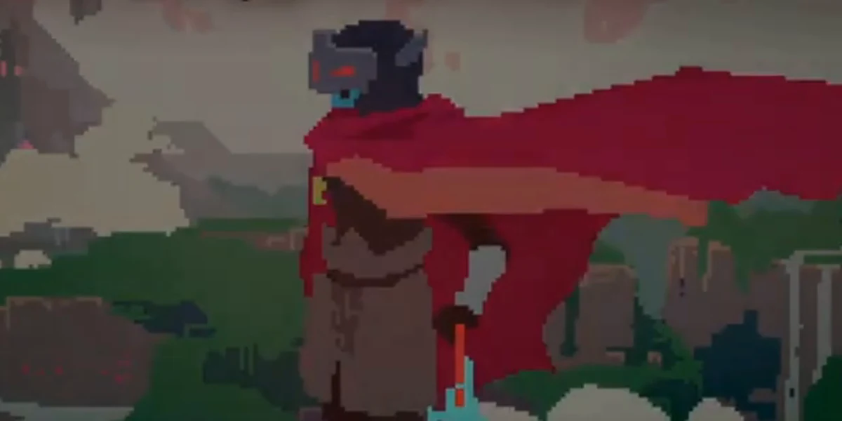 Drifter áo choàng đỏ đứng giữa vùng đất cổ trong Hyper Light Drifter