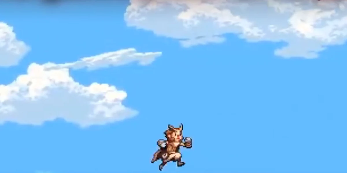 Otus bay lượn giữa bầu trời xanh và những đám mây pixel trong Owlboy