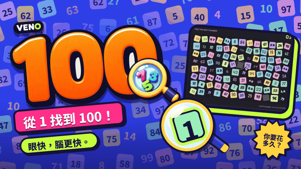 VENO 1-100 電腦版盤面,100 個數字散落其中