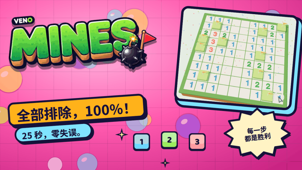 VENO Mines 棋盘全部排除,金旗与彩纸飞舞