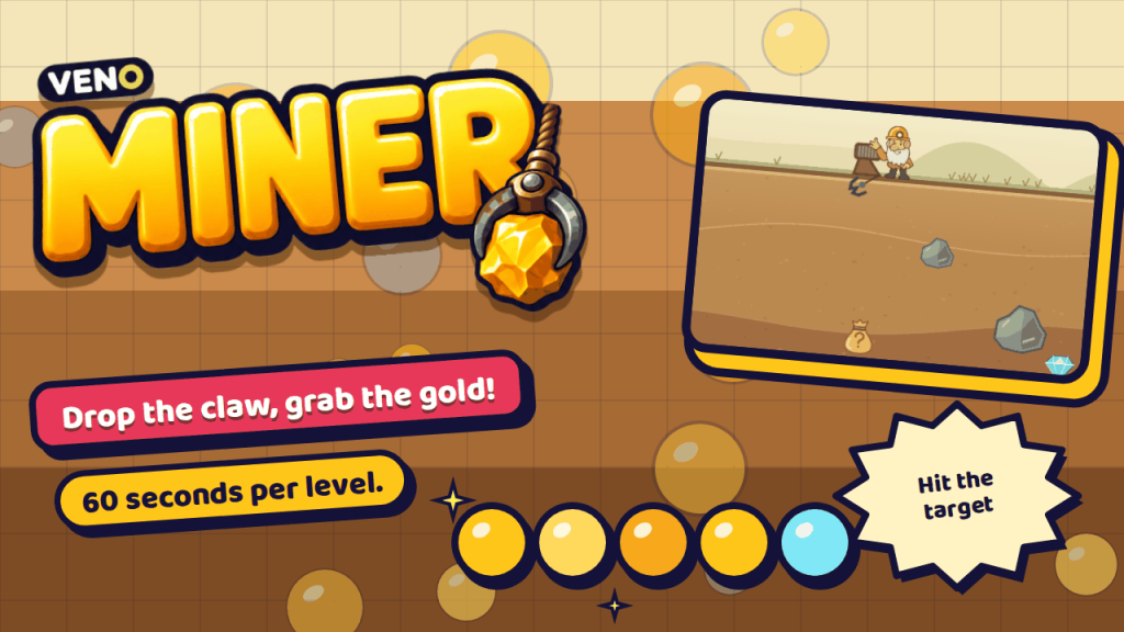 VENO Miner gameplay on desktop with the miner and the swinging claw
