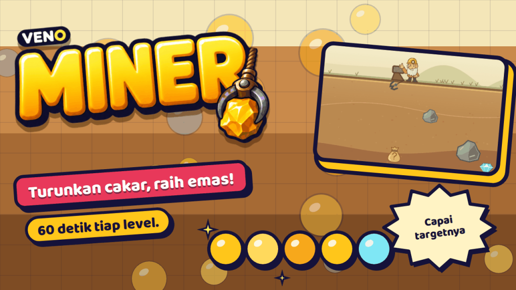 Permainan VENO Miner di komputer dengan penambang dan cakar berayun