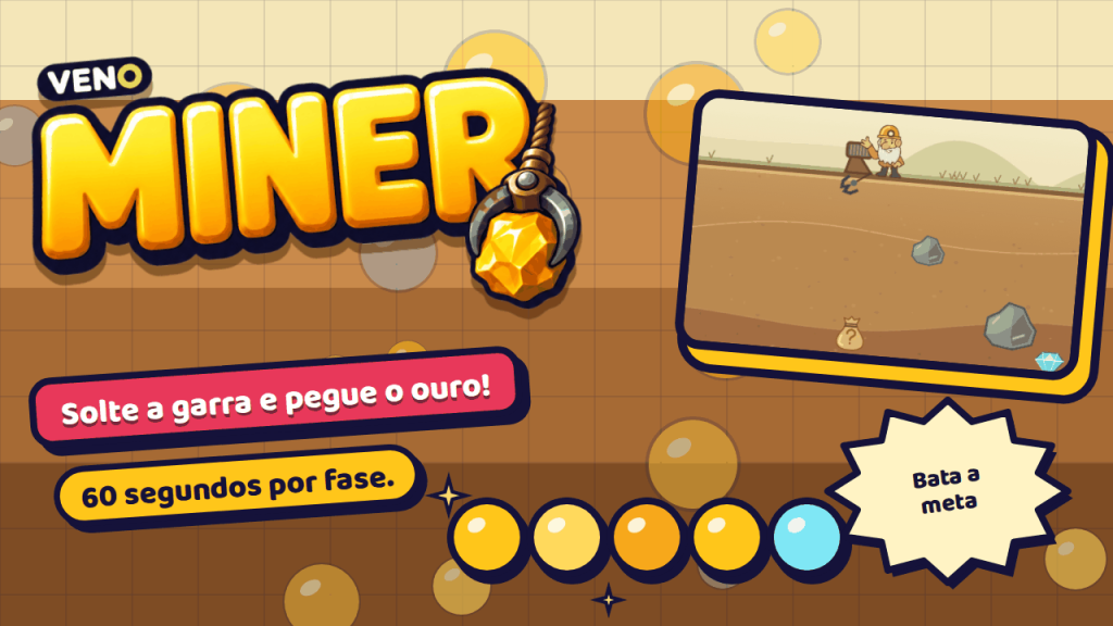 Partida de VENO Miner no computador com o mineiro e a garra balançando