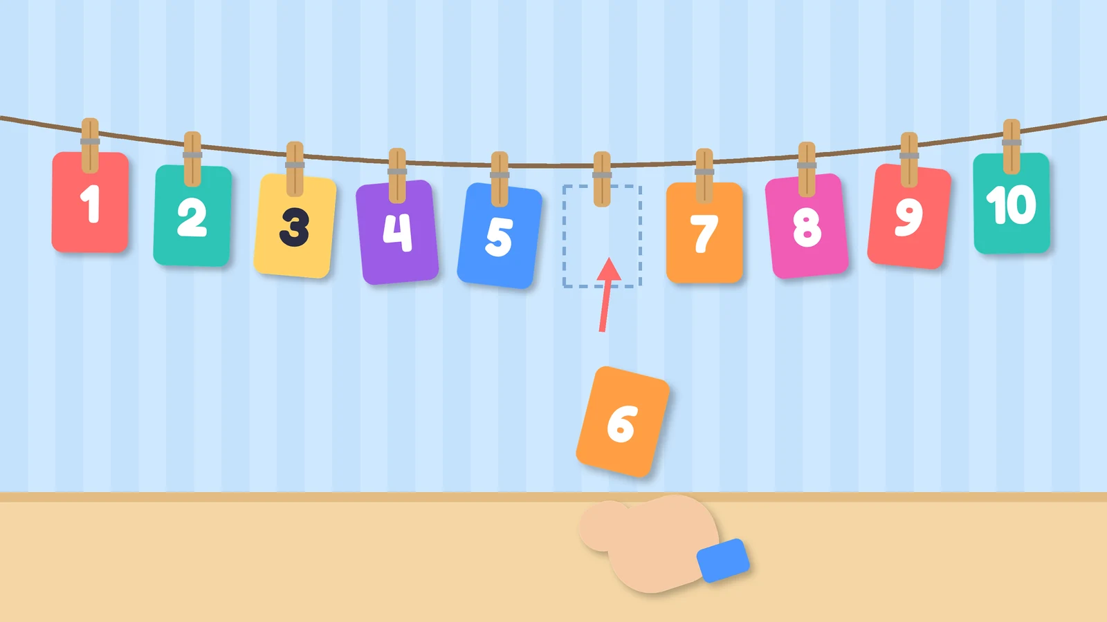 Numbered cards 1 to 10 clipped to a string with pegs, card 6 missing and held in a hand below