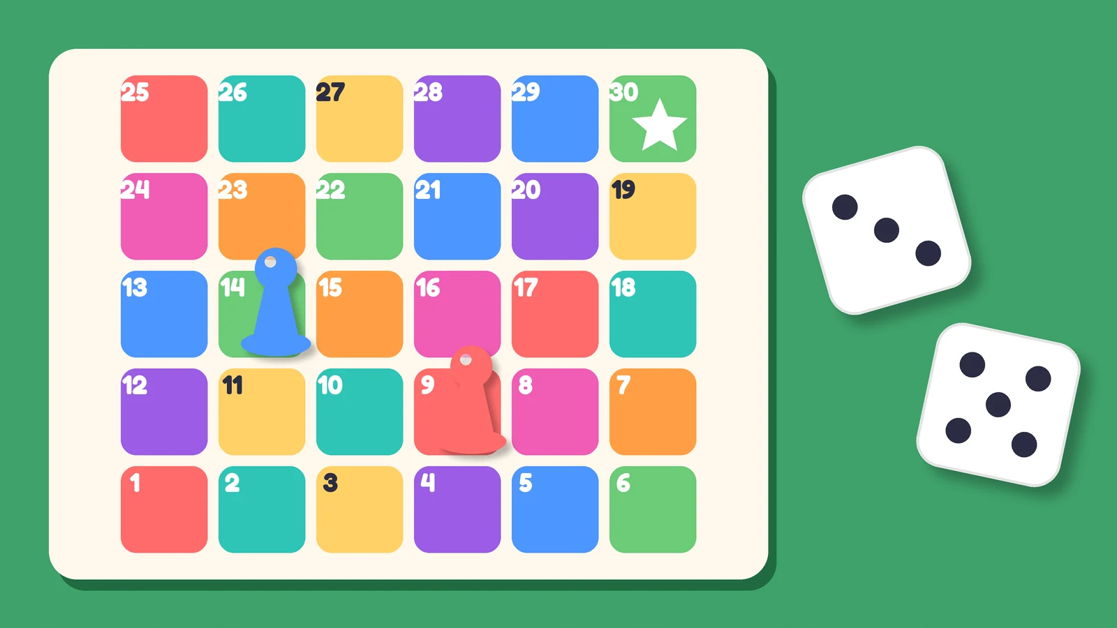 Paper board game with 30 numbered squares, two pawns and two dice showing 3 and 5