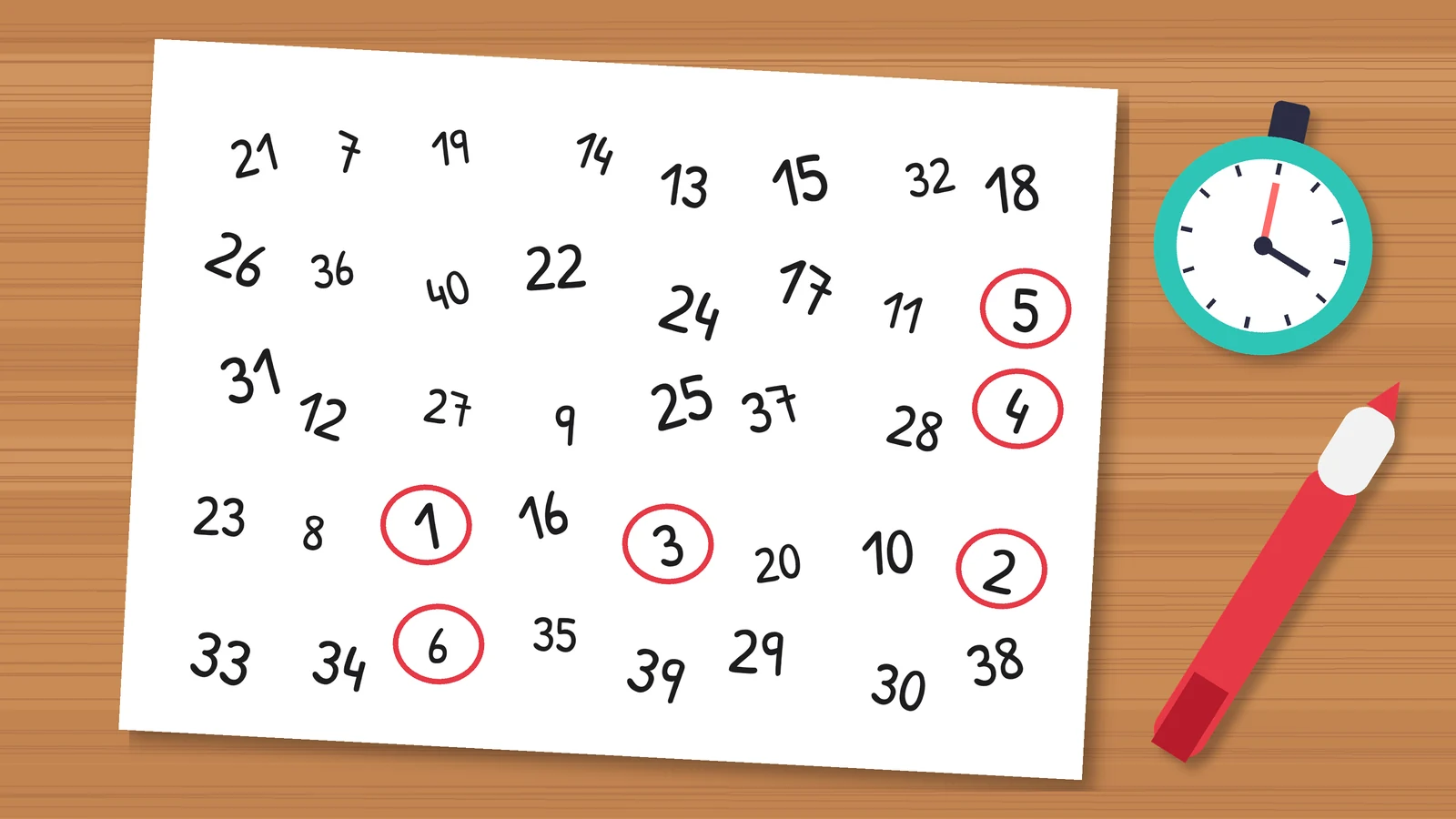 A sheet of scattered handwritten numbers with 1 to 6 circled in red, a marker and a stopwatch