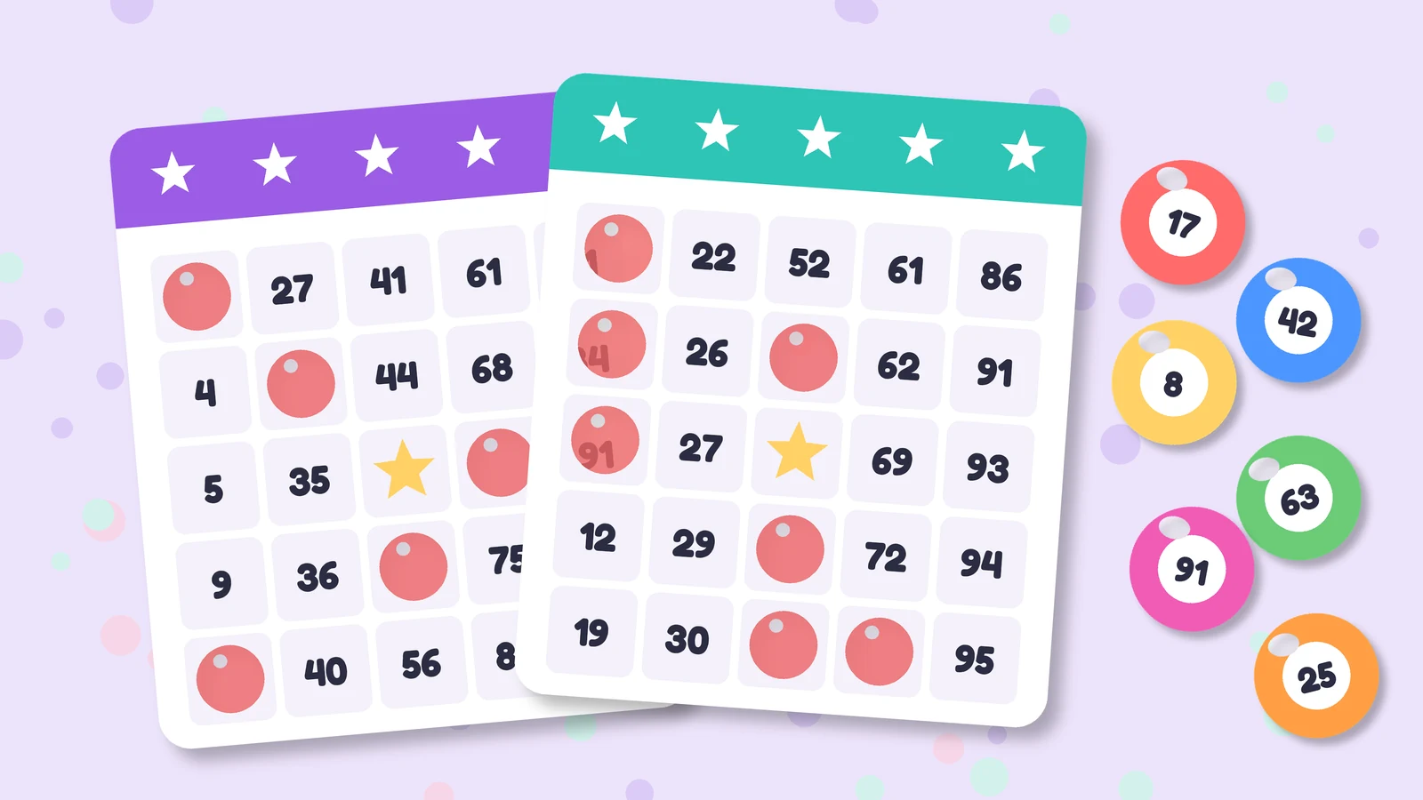 Deux cartons de loto avec quelques nombres couverts de jetons rouges et des boules numérotées