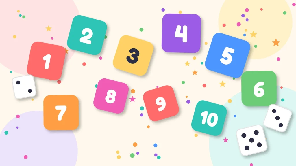 Kartu angka warna-warni dari 1 sampai 10 dan dadu untuk permainan angka tanpa layar