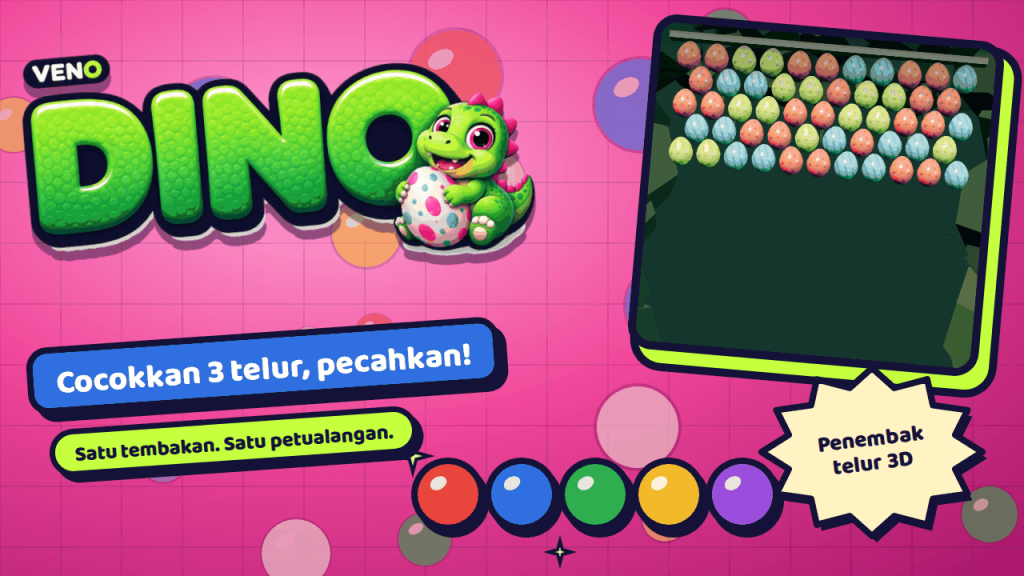 Dinding penuh telur merah, biru, dan hijau di awal permainan VENO Dino
