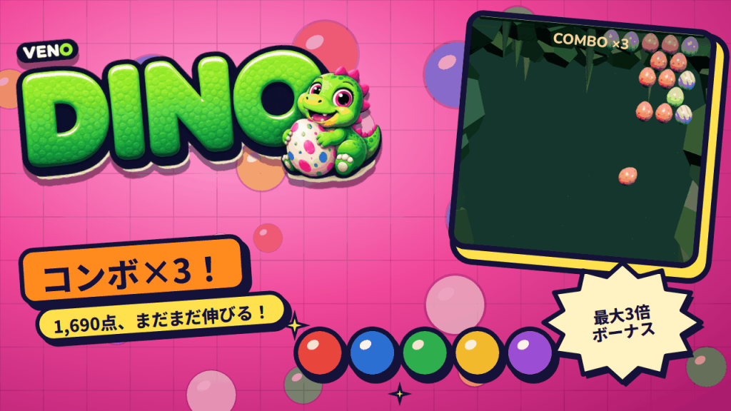 VENO Dinoでコンボ×3、残りのたまごへ飛んでいく1個