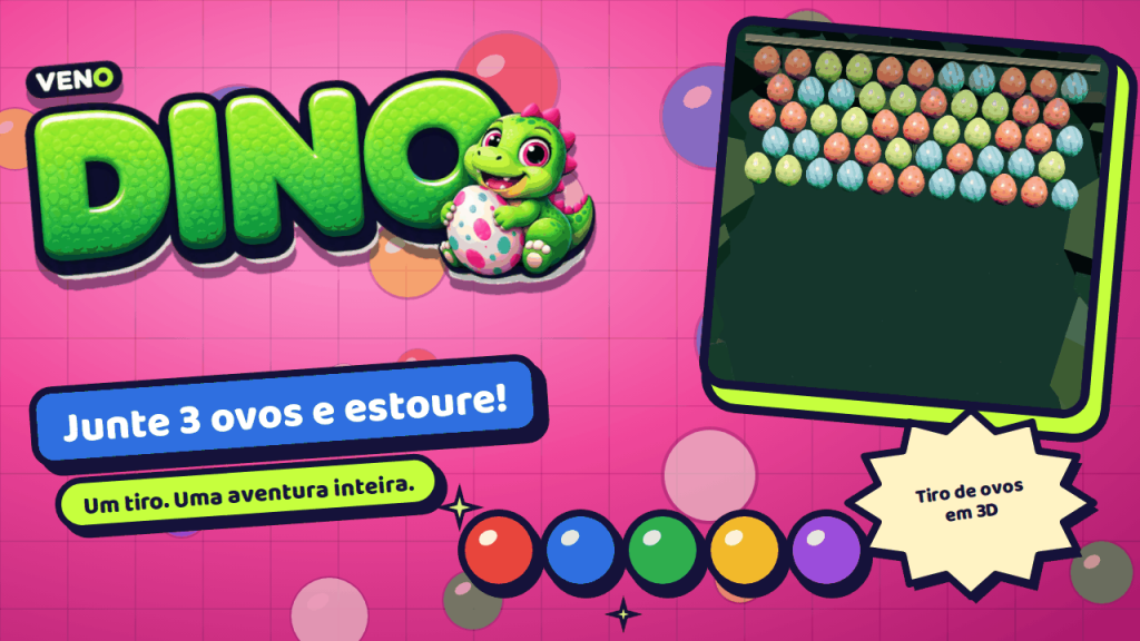 Parede cheia de ovos vermelhos, azuis e verdes no começo de uma partida de VENO Dino