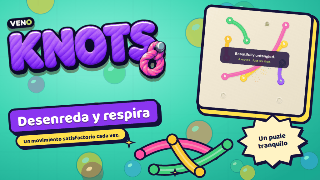 Tablero de VENO Knots en ordenador con un nivel recién resuelto