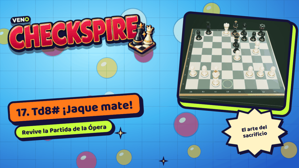 Posición final tras el jaque mate 17. Td8# en la repetición de la Partida de la Ópera
