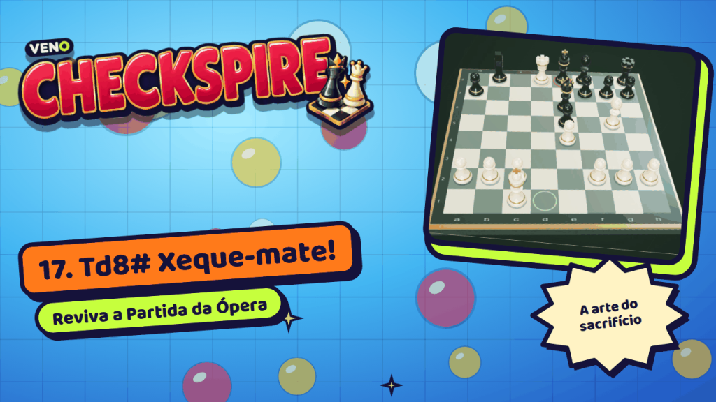 Posição final após o xeque-mate 17. Td8# no replay da Partida da Ópera
