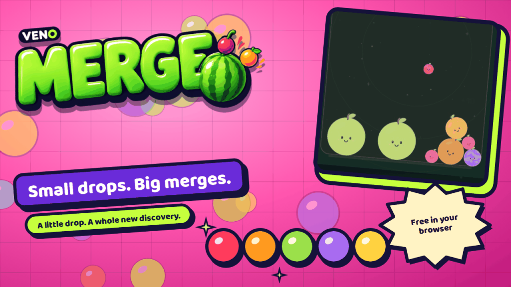 A cherry falling into a glass box with two big green fruits and a small stack