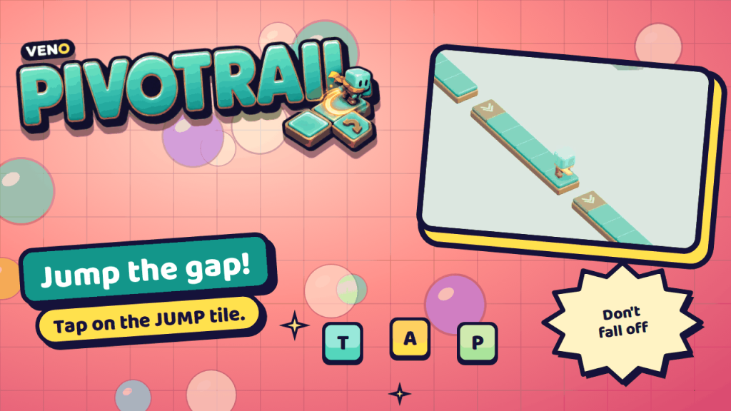 The runner reaching the edge of a gap with a row of JUMP tiles ahead