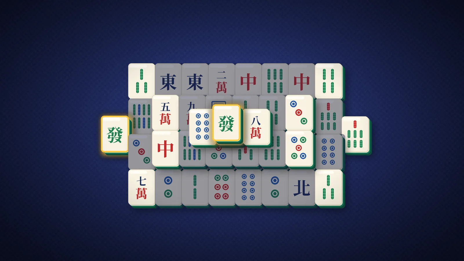 麻雀ソリティアの盤面。取れる状態の同じ牌のペアが強調表示されている