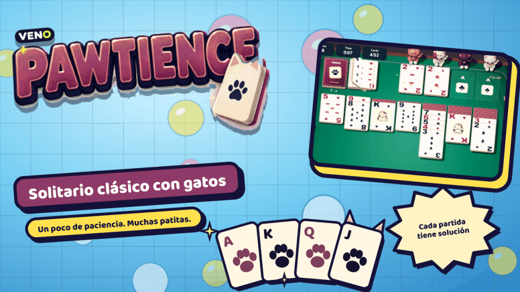 Mesa de solitario Klondike con cuatro gatos de papel sobre las fundaciones