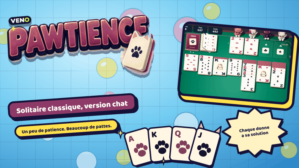 Table de solitaire Klondike avec quatre chats en papier au-dessus des fondations