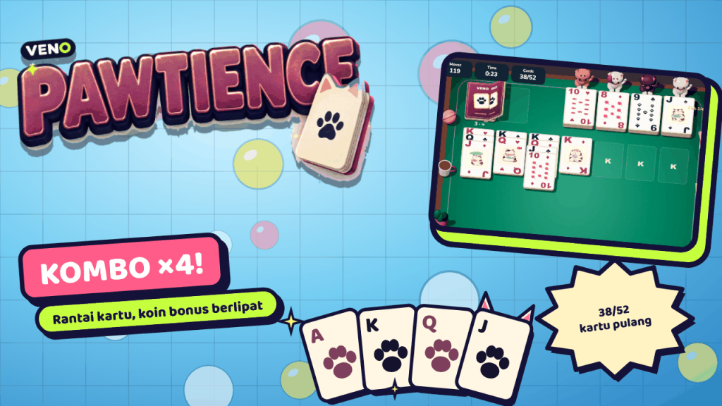 Akhir permainan dengan 38 dari 52 kartu di fondasi dan kombo ×4