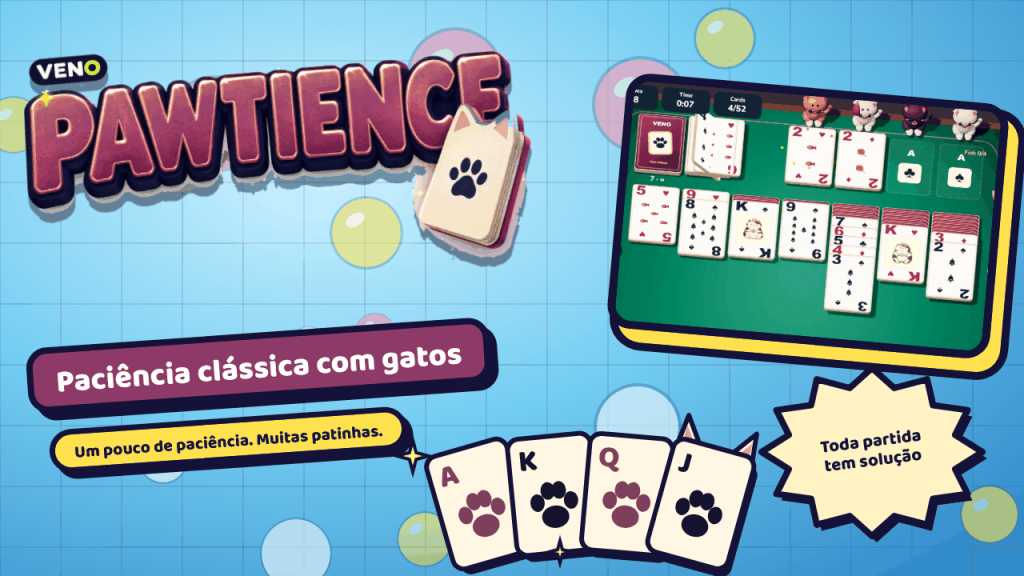 Mesa de paciência Klondike com quatro gatos de papel sobre as fundações
