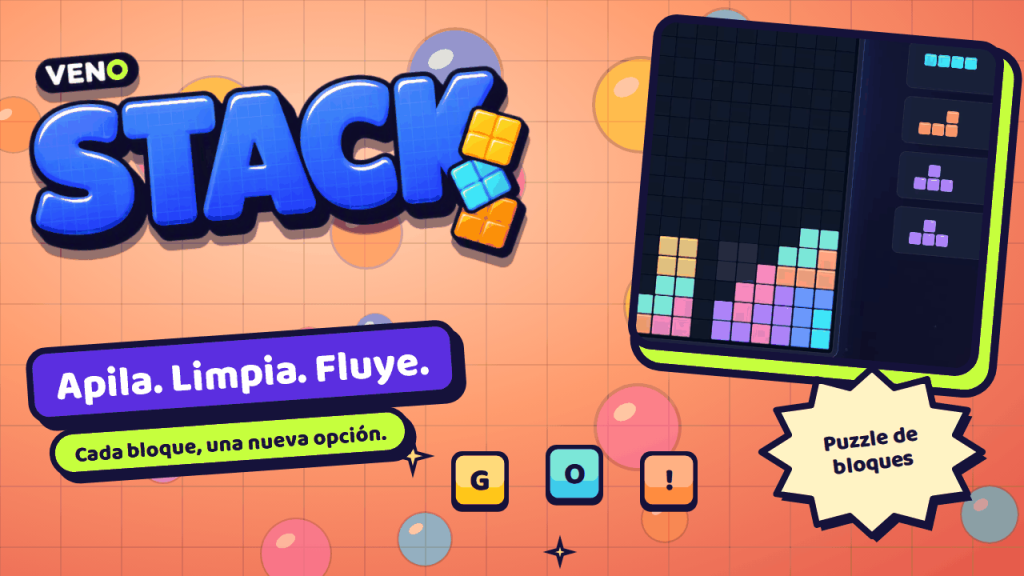 Tablero de VENO Stack con una pila de colores y la cola de piezas siguientes