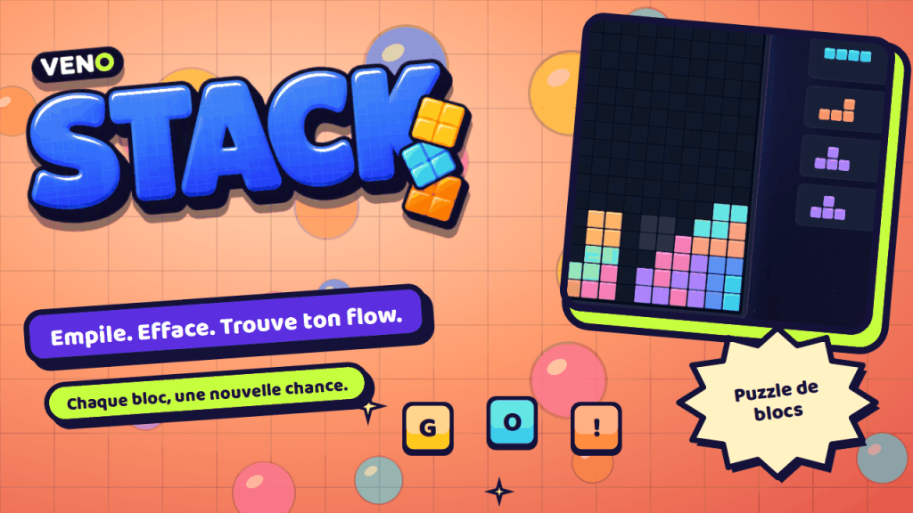 Plateau de VENO Stack avec une pile colorée et la file des pièces suivantes