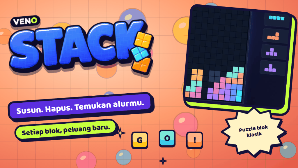 Papan VENO Stack dengan tumpukan warna-warni dan antrean balok berikutnya