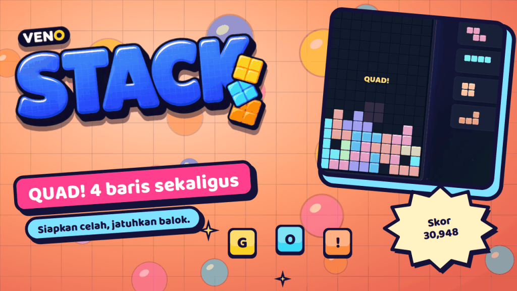Quad menghapus empat baris sekaligus di VENO Stack dengan skor 30,948