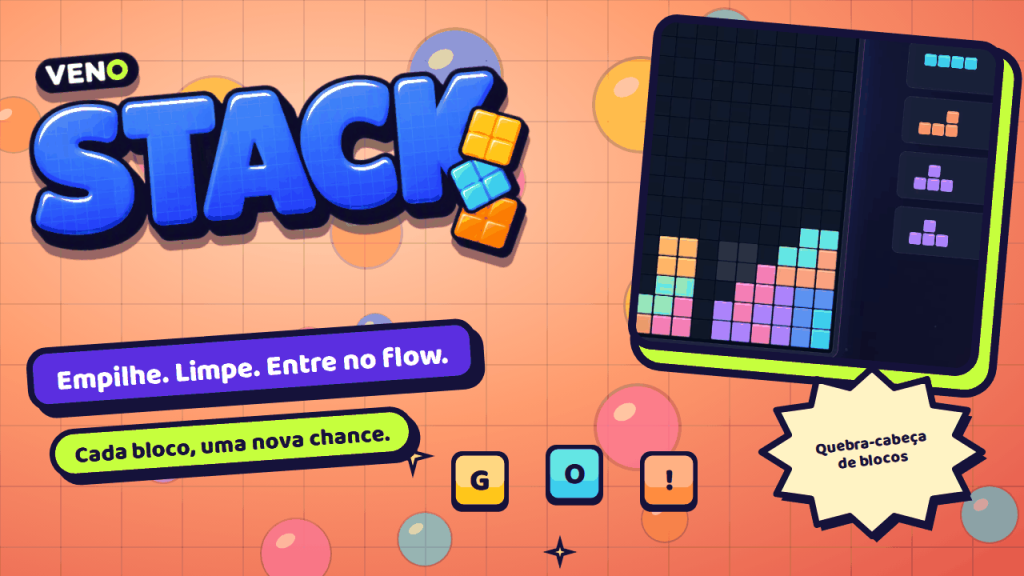 Tabuleiro do VENO Stack com uma pilha colorida e a fila das próximas peças