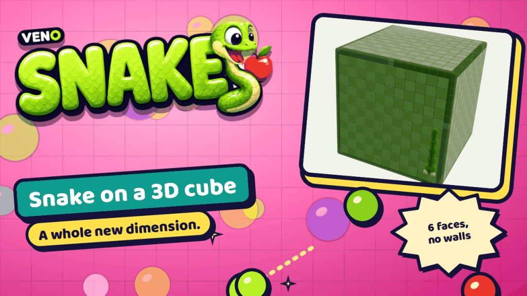 VENO Snake crawling down one face of a 3D cube