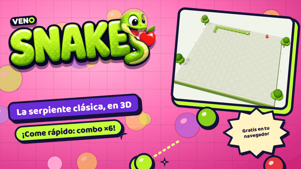 Tablero clásico de VENO Snake en 3D con una serpiente larga y una manzana