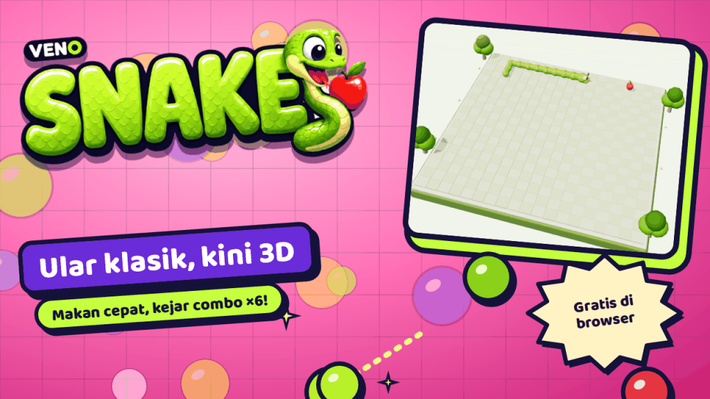 Papan klasik VENO Snake dalam 3D dengan ular panjang dan apel