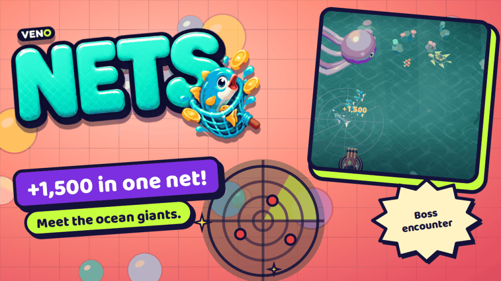 A net catches fish for +1,500 coins while a giant octopus boss swims nearby