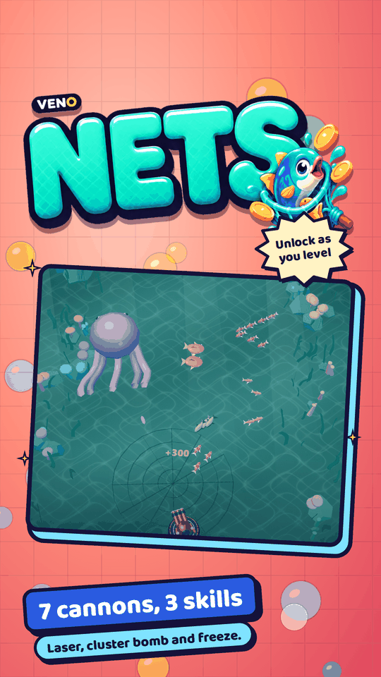 Giant octopus boss swimming past an open net in portrait view