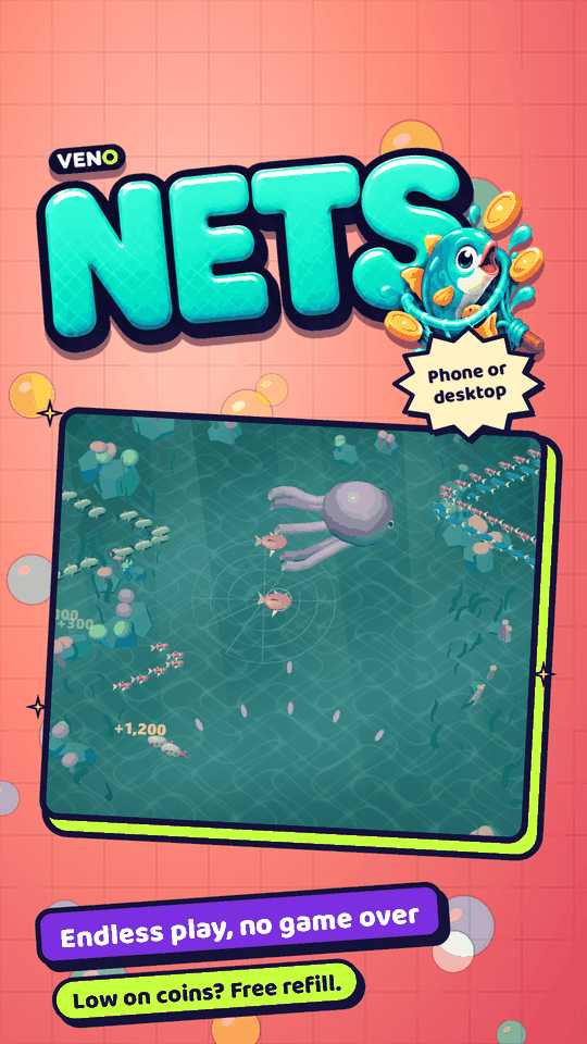 A net closes on a fish as the octopus boss circles and coin rewards pop up
