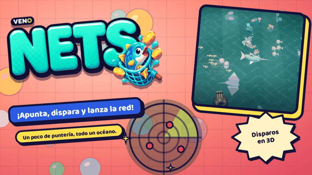 El cañón lanza una red a un banco de peces junto a un pez espada y una manta raya
