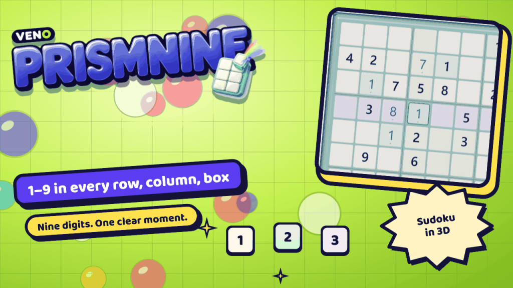 VENO PrismNine board with row 4 highlighted and the digit 1 placed