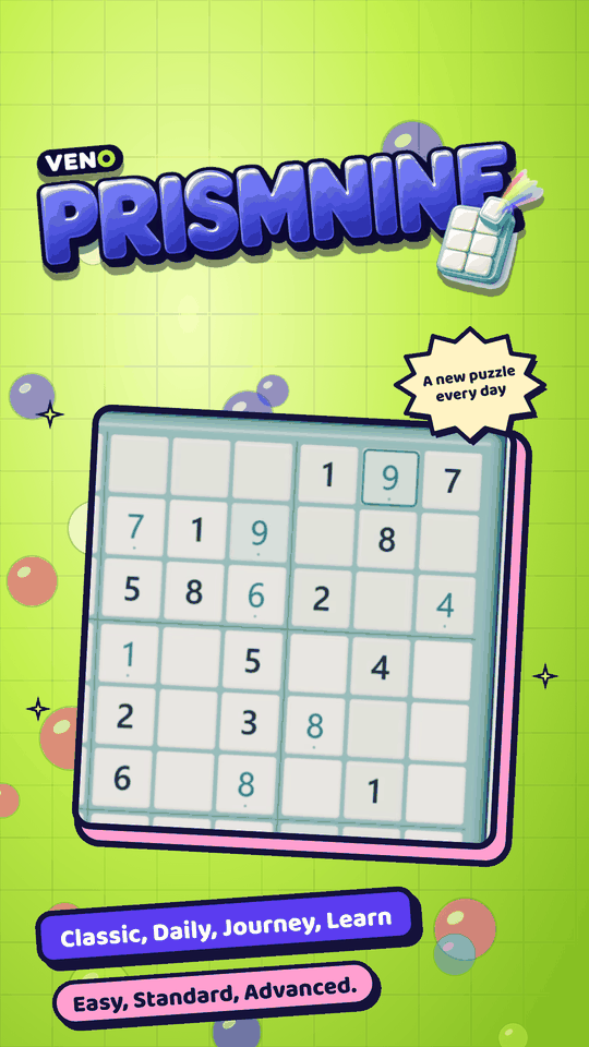 Close-up of the VENO PrismNine board with a 9 just placed in row 1