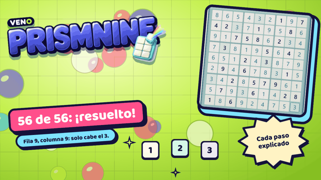 Tablero 9×9 de VENO PrismNine resuelto por completo en ordenador