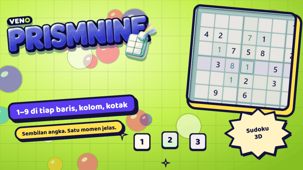 Papan VENO PrismNine dengan baris 4 disorot dan angka 1 terisi