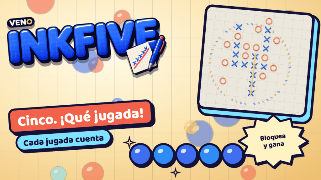 Cinco X azules en vertical rodeadas de confeti dibujado a mano