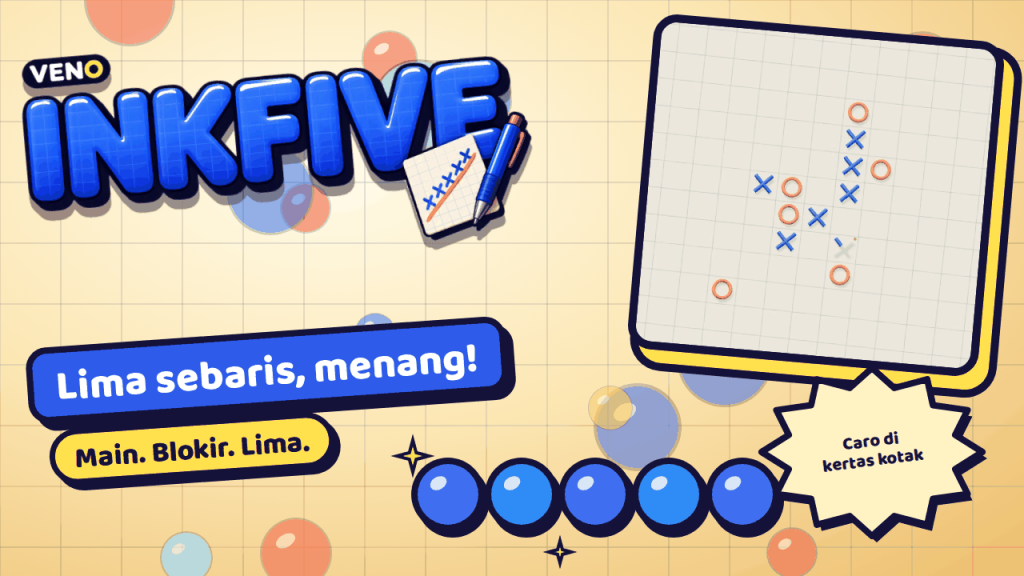X biru dan O koral membentuk garis di papan kotak 15x15