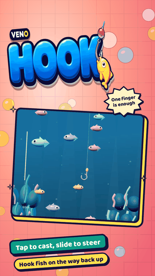 Hook sinking between colorful fish in open water