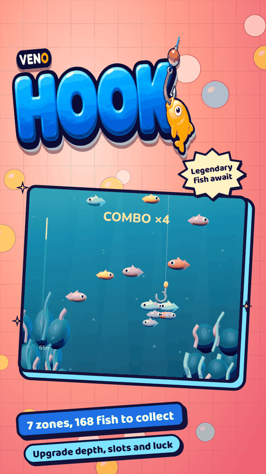 A bundle of fish on the hook with a COMBO ×4 near the surface