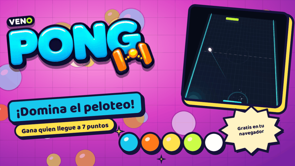 Un peloteo en la pista 3D neón de VENO Pong con la bola volando hacia la paleta rival