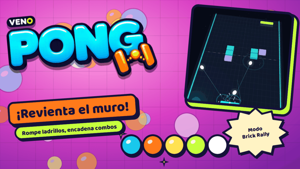 Modo Brick Rally de VENO Pong con ladrillos brillantes en el centro de la pista