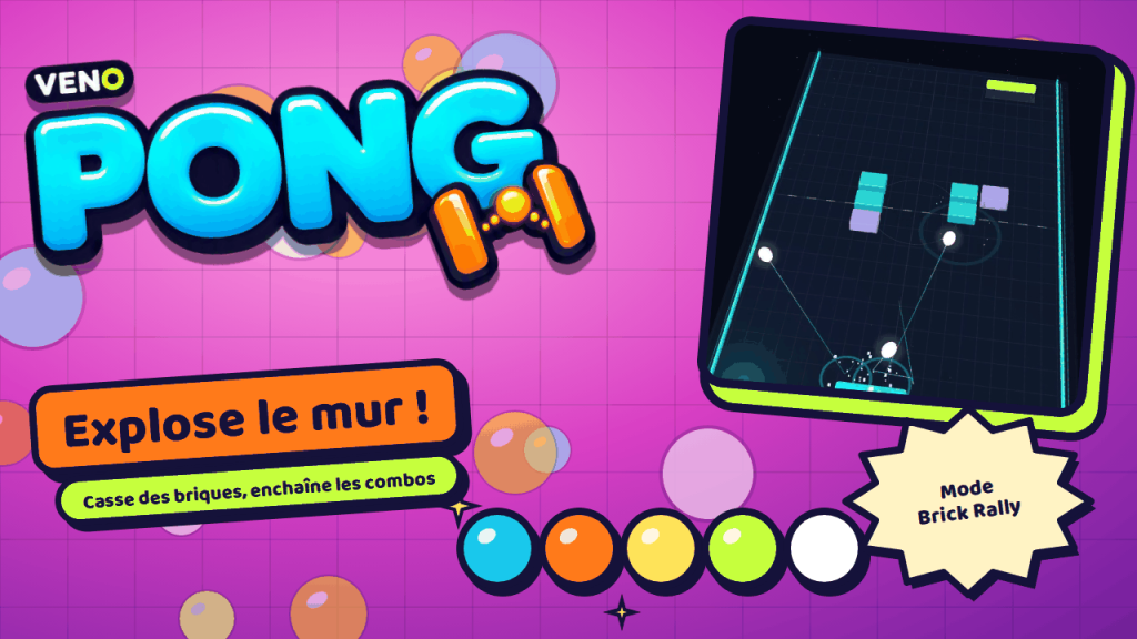 Mode Brick Rally de VENO Pong avec des briques lumineuses au milieu du terrain